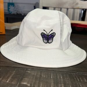 White Bucket Hat with Purple Butterfly Embroidery